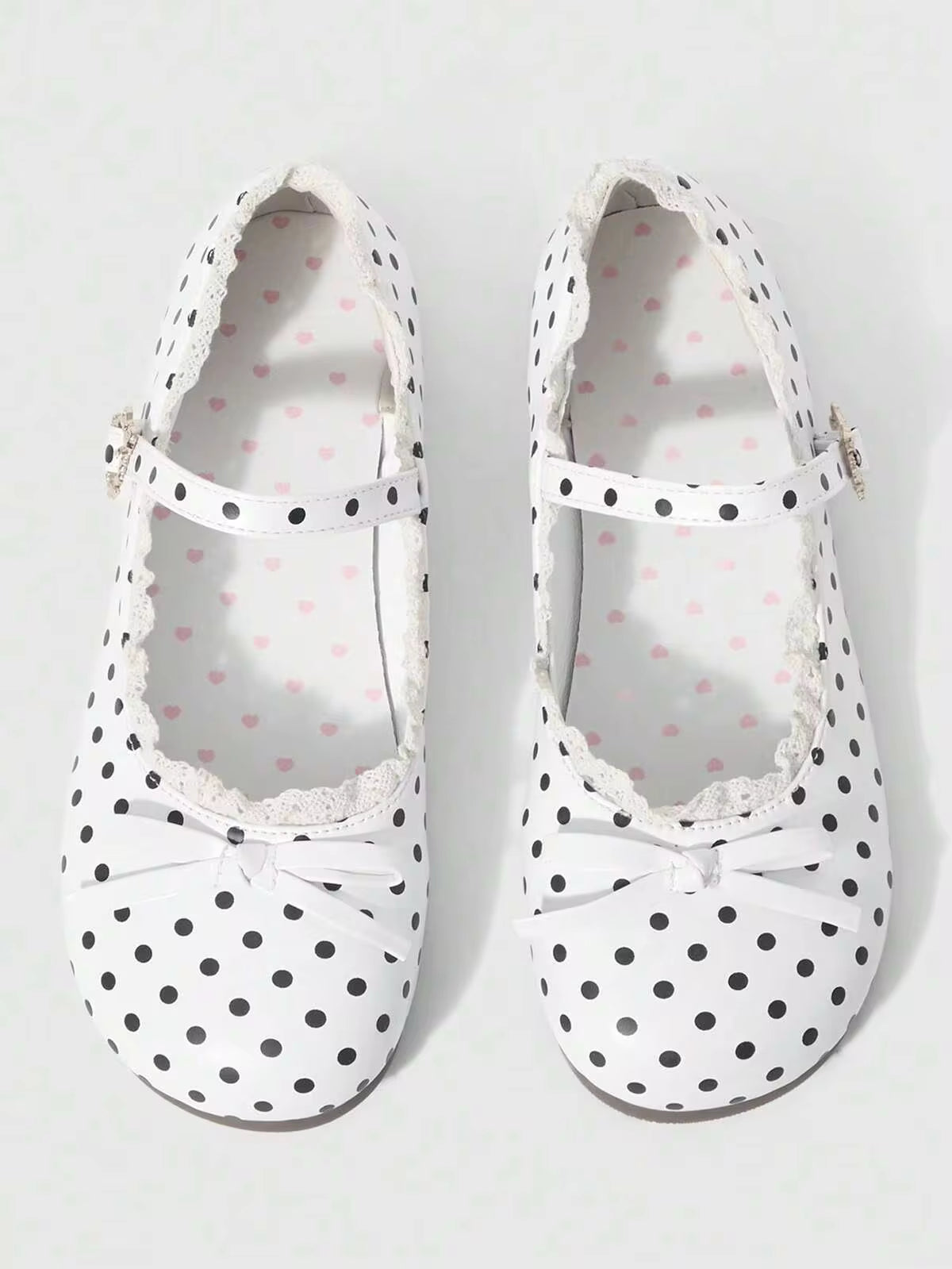 ROMWE Kawaii Women Shoes White Polka Dot Loafers Closed Toe Mary Jane Shoes, Bow Lace Lolita Shoes Ballet Shoes Women's Flat Shoes