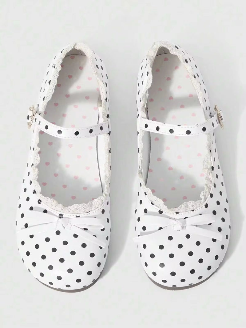 ROMWE Kawaii Women Shoes White Polka Dot Loafers Closed Toe Mary Jane Shoes, Bow Lace Lolita Shoes Ballet Shoes Women's Flat Shoes